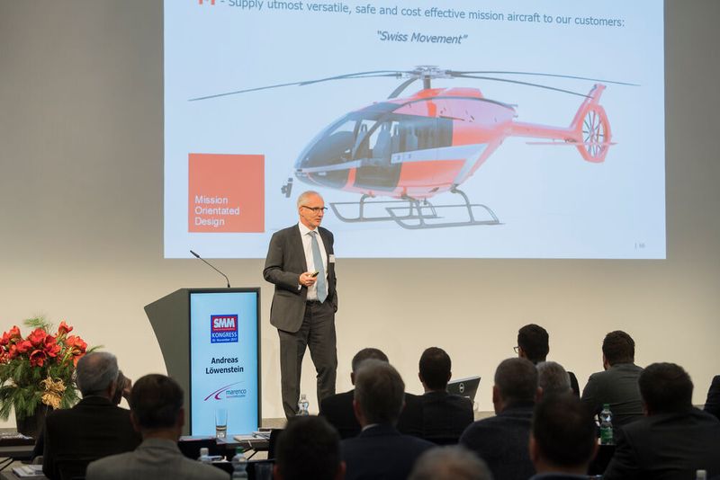 Andreas Löwenstein, CEO und VR-Mitglied Marenco Swisshelicopter AG, faszinierte die Zuhörer mit der jungen, vielversprechenden Unternehmensgeschichte, die nur Dank einem etwas 