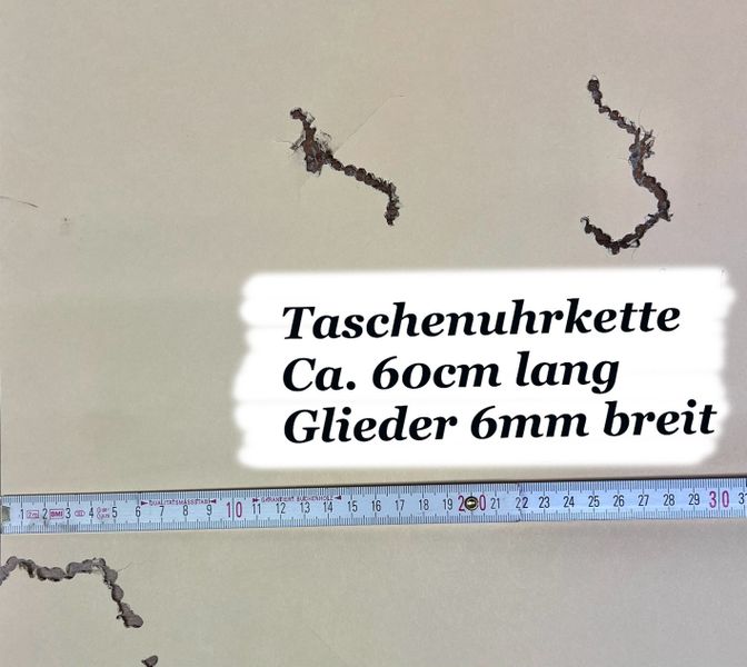 Abb. 2a: Schussversuche am Ballistikzentrum Sternenfels: Für die Schussversuche wurde zunächst eine 12G Vorderladerflinte, also Kaliber 18,5 mm mit einer Lauflänge von 74 cm verwendet und mit ihr verschieden lange und verschieden dicke Ketten verschossen. Schussabstand 20m. Eine Taschenuhrkette in stabiler, fester Haptik zerreißt trotz geringer Länge 60 cm wegen der BREITE der Kettenglieder vermutlich durch Verklankung (Blockieren oder Verhaken von Kettengliedern) beim Schuss. Diverse Einschläge der Fragmente!  (Bild: Mattheck)