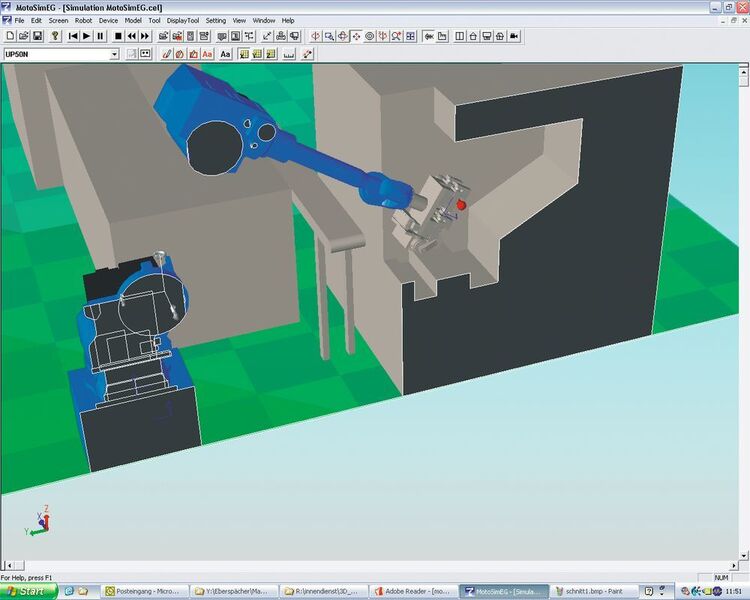 Moto-Sim ermöglicht den schnellen Aufbau und die Analyse von Anlagenlayouts. Die integrierte 3D Hoops Graphic Engine gewährleistet dabei eine hochwertige grafische Darstellung. (Yaskawa)