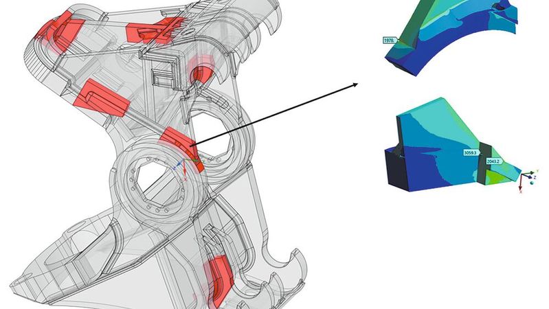 Das Kerbspannungskonzept ist sehr rechenintensiv, deshalb wird oft an den als kritisch identifizierten Stellen ein Sub-Modell herausgeschnitten.(Bild:  Brand Engineering GmbH/Eigene Darstellung)