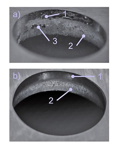 Bild 3: Schnittflächen konventionelles Scherschneiden a) mit zwei Glattschnittflächen; b) ideale Schnittfläche; 1. primäre Glattschnittfläche; 2. Bruchfläche; 3. sekundäre Glattschnittfläche (Forschungsgesellschaft Umformtechnik)