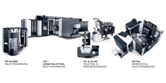 Ob Paletten- oder Werkstück-Handling: Modulare Automationslösungen lassen sich flexibel an die jeweiligen Anforderungen anpassen, um eine wirtschaftliche Fertigung von kleinen Losgrößen bis hin zur Großserie zu ermöglichen. (Bild:  DMG MORI)