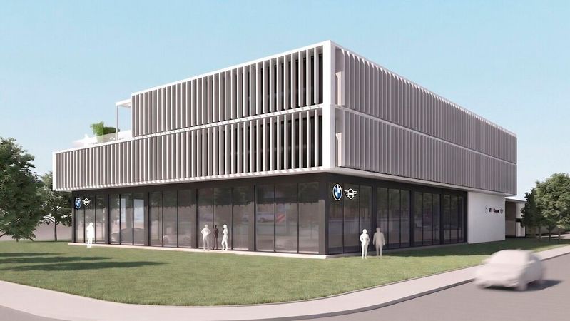 Die neue Firmenzentrale von Hofmann Automobile ist fertig: BMW- und Mini-Showrooms sowie Servicebereiche sind bereits geöffnet. Die Mitarbeiter beziehen gerade ihre neuen Büros im 2. und 3. Stock.(Bild:  Hofmann Automobile)
