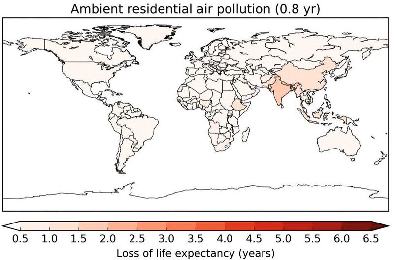 Durchschnittlich verlorene Lebenszeit durch verschiedene Risikofaktoren, bezogen auf das Jahr 2015: Luftverschmutzung in Wohngebieten, 0,8 Jahre  Luftverschmutzung in Wohngebieten ist vorwiegend auf Haushalte zurückzuführen und kann die Nutzung fossiler sowie Biobrennstoffe beinhalten.  © The Author(s) 2020. Published by Oxford University Press on behalf of the European Society of Cardiology , DOI: 10.1093/cvr/cvaa025  (Bild: Figure 4 / Münzel et al. / CC BY 4.0)
