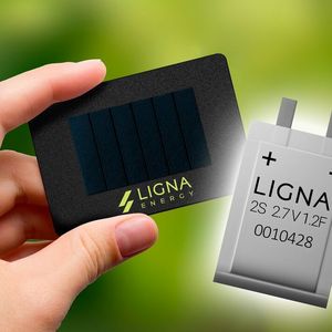 Ligna Energy (Halle 4A, Stand 642) zeigt ultradünne Superkondensatoren für batterielose IoT-Sensorknoten. Ein Demonstrator namens „Gwen“ misst Temperatur und Luftfeuchtigkeit, speichert Umgebungsenergie im Superkondensator und überträgt die Daten per Bluetooth Low Energy.(Bild:  Ligna Energy)