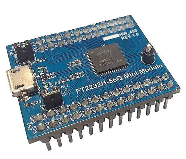 Das FT2232H-56Q MINI MDL von FTDI ist ein günstiges serielles Modul, das über USB direkt an einen Computer und an den On-Board-UART des LoFive R1 angeschlossen werden kann.  (FTDI)