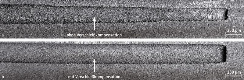 Bild 3: Funkenerosives Bohren in HS 6-5-3 ohne (a) und mit (b) Verschleißkompensation (Bohrungsdurchmesser 260 µm, Messingelektrode). (Archiv: Vogel Business Media)