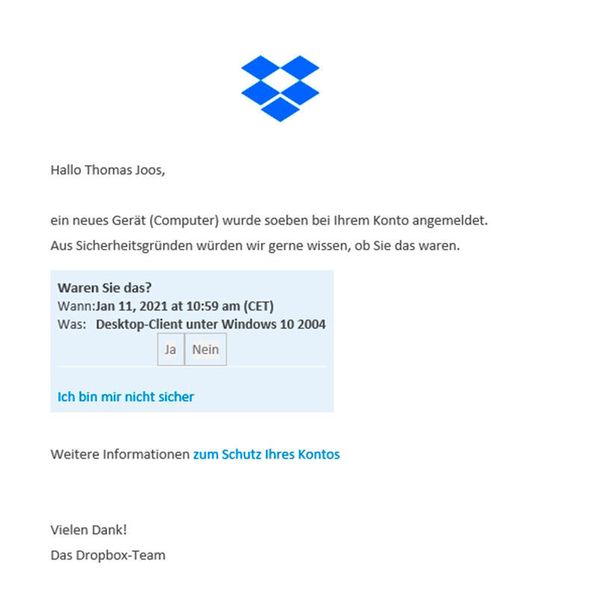E-Mail beim Anmelden eines neuen Computers an Dropbox. (Dropbox/Joos)