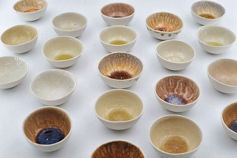 Aus der Rindenasche von Fichte, Kiefer, Europäischer Lärche, Europäischer Birke und der Stieleiche hergestellte Glasuren (Bild: Johanna Hehemeyer-Cürten)