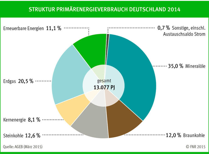 Der Primärenergieverbrauch in Deutschland 2014 beträgt 13.077 PJ (Vorjahr:13.908 PJ). Der Anteil erneuerbaren Energien liegt bei 11,1 %. (Fachagentur Nachwachsende Rohstoffe)