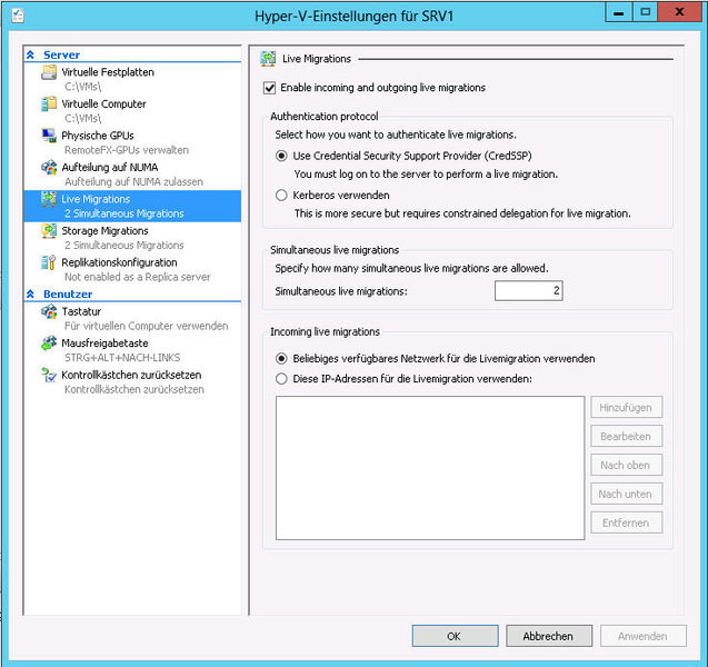 Abbildung 8: Konfigurieren der Livemigration in Windows 8 Server (Archiv: Vogel Business Media)
