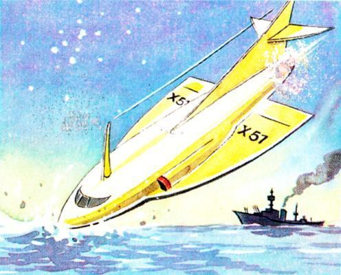 U-Boote können fliegen: Fahrwerk für Flugplatz-Landung –  
Mit donnerndem Getöse begleitet ein Fluggeschwader den Flottenverband. Plötzlich löst sich das Geschwader auf. Jedes Flugzeug nimmt eigenen Kurs und steuert in steiler Kurve der Meeresoberfläche zu. Hoch sprüht die weiße Gischt, als die Spitze ins Wasser taucht. Der Rumpf verschwindet darin, der Himmel ist leer. Die Einsatzübung eines fliegenden U-Bootgeschwaders nahm mit diesem Tauchmanöver ihren Anfang. Unterwasser-Boote sind jetzt nicht mehr ans Wasser gebunden, sie haben sich auch den Luftraum erobert. Aus diesem Grunde unterscheidet sich das U-Boot äußerlich kaum noch von einem Turbinen-Jagdflugzeug mit zurückspringenden Pfeilflügeln. Zwei Turbinen besitzt das fliegende U-Boot. Eine Turbine, im oberen Teil des Rumpfes eingebaut, dient der Fortbewegung in der Luft, die zweite treibt eine Schiffsschraube am Heck, die bei der Unterwasserfahrt arbeitet. Diese Schraube ist während des Fluges versenkbar. Fliegende U-Boote können nicht nur tauchen, sondern auch auf dem Wasser oder auf Landflugplätzen landen. Sie sind mit ausfahrbaren Wasserskiern ausgerüstet und außerdem mit einem Fahrrwerk, das die Landung oder den Start auf einem Landflugplatz gestattet. Um auf Tauchtiefe zu kommen, wird Wasserballast aufgenommen. Damit er beim neuen Start nicht hindert, läßt man ihn vor dem Flug in kurzer Zeit wieder aus den Tanks pressen.  (Die Welt von Morgen, Birkel-Sammelalbum, 1959 / retro-futurismus.de)