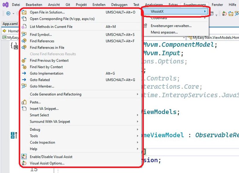 Funktionen des Refactoring-Tools Visual Assist in Visual Studio.