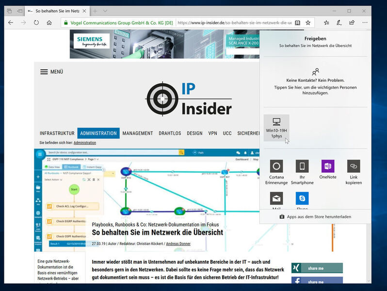 Freigabe im Edge-Browser: über die Funktion „Gemeinsame Nutzung“ ist es möglich, einen Link beziehungsweise direkt die Webseite mit anderen Nutzern zu teilen. (Schlede/Bär / Microsoft)