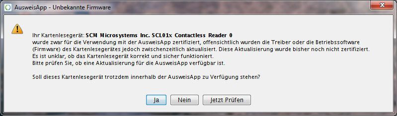 Erste Fehlermeldung der neuen AusweisApp. Wir testen mit einem der kostenlos verteilten „Billig-Lesegeräte“. Der erste Standardleser von Reiner SCT wurde erst am 29. Dezember 2010 zertifiziert. (Archiv: Vogel Business Media)