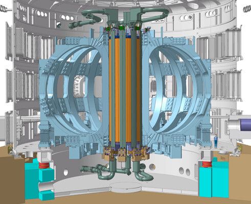 The central solenoid, in yellow, is the backbone of ITER's magnet system. In blue, the D-shaped toroidal field coils (18 in all). (Bildquelle: ITER Organization)