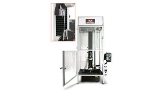 Bild 1 | Das neue Bio-Box-System: Es umschließt den Prüfraum von Einsäulen-Prüfsystemen und hält dort eine konstante Temperatur von 37 °C. Dadurch lassen sich mechanische Eigenschaften wie die Zug-, Druck- oder Biegefestigkeit von Werkstoffen, Halbzeugen und Produkten bei Körpertemperatur erfassen. (Bild: Instron)