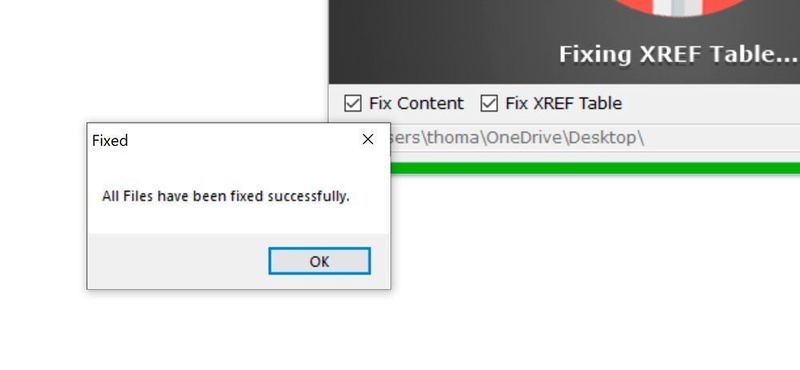 Erfolgsmeldung nach erfolgreich reparierter PDF-Datei in PDF Fixer. (Joos/PDF Fixer (Screenshot))