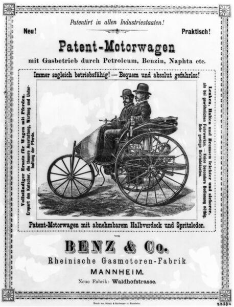 Mannheimer Produkt und erstes Automobil der Welt: Der Benz Patent-Motorwagen, Modell 3. In insgesamt drei Varianten wurde er von 1886 bis 1894 gebaut. (Daimler AG)