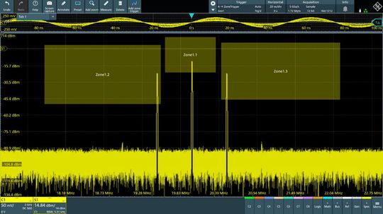 Figure 3: In this example, the user has set a zone trigger in the frequency range with the MXO 4 oscilloscope from Rohde & Schwarz. The oscilloscope triggers the acquisition and displays the recordings when the levels of the carrier and sidebands correspond to the defined zone ranges.(Picture: Rohde & Schwarz)
