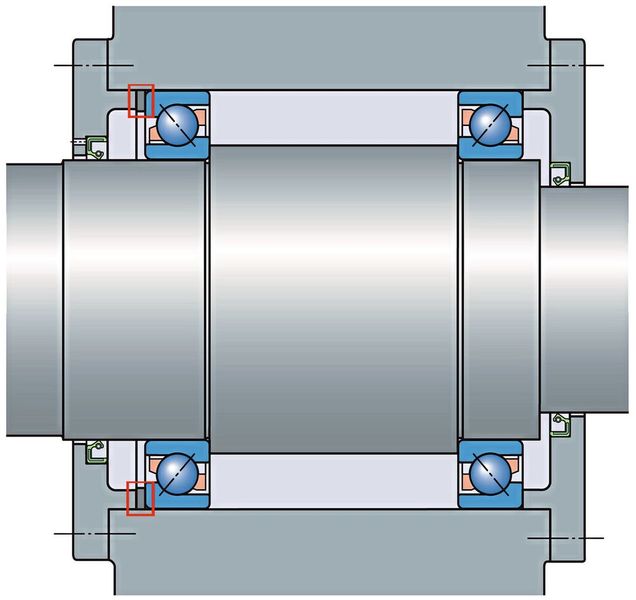 Einzellager, X-Anordnung – über einen Zwischenring (rot markiert) im Gehäuse eingestellte Lagerung (Bild: SKF)