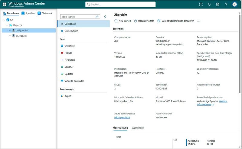 Die Übersicht im Virtualization Mode zeigt zentrale Systeminformationen eines Hyper-V-Hosts inklusive Hardware, Betriebssystem, Ressourcenstatus und Azure-Integration in einer konsolidierten Ansicht. (Bild: Microsoft - Joos)
