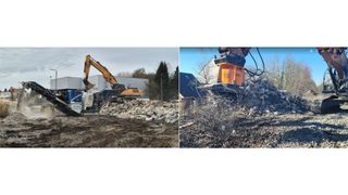 Aufbereitung von Betonschutt in einer Recyclinganlage (links); Sammlung von Stahlschrott mit einem Hydraulikmagneten (rechts). © Paul Kamrath Ingenieurrückbau GmbH. (Bild: © Paul Kamrath Ingenieurrückbau GmbH)