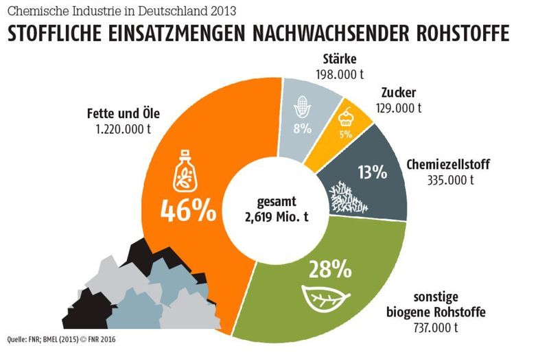 Die Chemie nutzt hauptsächlich Fette und Öle für die Chemikalienproduktion.  (FNR; BMEL (2015) © FNR 2016; Bilder: ©Taras Livyy/Fotolia.com; Grafik: PROCESS)