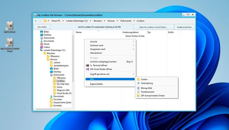 My Lockbox erlaubt das sichere Speichern von Dokumenten in einem verschlüsselten Datensafe, der erst nach Eingabe eines Kennwortes zugreifbar ist. (Bild: Joos)