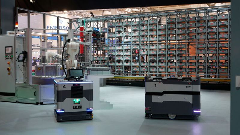 SEW Eurodrive hat eine gesamte Produktionskette inklusive Zwischenlager und Ladestation für die autonomen Transportsysteme in der Messehalle aufgebaut. Von der Anlieferung bis zur Verpackung passiert alles automatisch, lediglich am Anfang und am Ende der Produktionskette werde der Mensch gebraucht.  (Bild: Sandro Kipar/VCG)