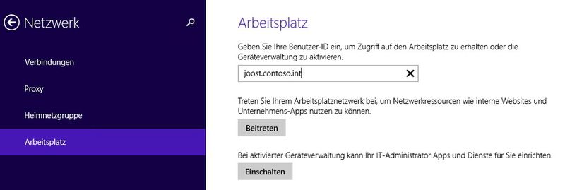 In der Charmsbar von Windows 8.1 können Anwender über die PC-Einstellungen im Bereich „Netzwerk\Arbeitsplatz“ mittels ihrer E-Mail-Adresse einen Zugriff auf Unternehmensressourcen anfordern. Dazu muss die entsprechende Konfiguration auf Seiten der Server vorhanden sein. So können Anwender auch mit PCs auf Ressourcen zugreifen, wenn diese nicht Mitglied einer Domäne sind. (Bild: Archiv)