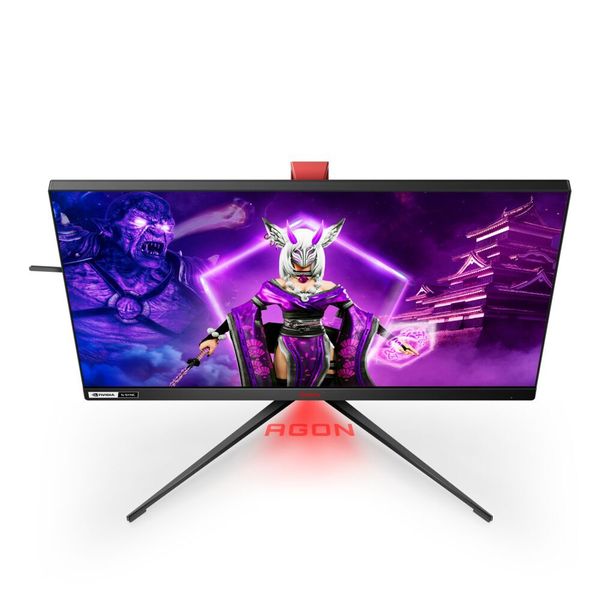 Der 24,5 Zoll große Agon Pro AG254FG mit Full-HD-IPS-Panel unterstützt Nvidia G-Sync und Reflex. Eine optische Spielerei ist der auf den Tisch projizierte Agon-Schriftzug. (AOC)