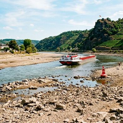 An Elbe, Rhein und Donau schaut es derzeit ungefähr so aus. Transportschiffe kommen nur noch bedingt durch. Deshalb kippen immer mehr Bundesländer das Lkw-Fahrverbot an Sonn- und Feiertagen. Nun schließen sich die Hessen und die Bayern an ... (Bild: KI-generiert)