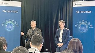 Jensen Huang (li.), CEO von Nvidia, und Pascal Daloz (re.), CEO von Dassault Systèmes, an der Pressekonferenz im Anschluss an die Bekanntgabe der Partnerschaft zwischen den beiden Unternehmen. (Bild: Marina Hofstetter)