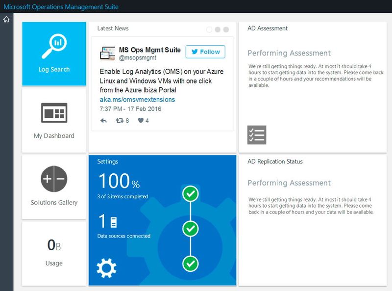 Auf der Startseite von OMS werden alle wichtigen Bereiche angezeigt. Hier ist auch zu sehen, ob Datenquellen angebunden sind und Protokolle ausgelesen werden. (Bild: Joos)