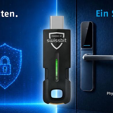 Zwei Welten. Ein Schlüssel: Der Swissbit iShield Key 2 vereint phishing-resistente Authentifizierung und physischen Zutritt in einem Security Key. (Bild: Swissbit)