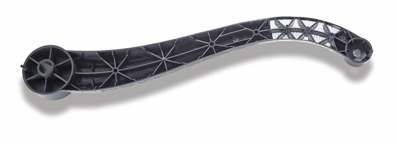 Durch das Umspritzen endlosfaserverstärkter Thermoplast-Einleger (Organobleche) entsteht mithilfe des Langfaser-Direktspritzgießens ein hochfestes und stabiles Compositebauteil, das bei einer Länge von über 500 mm nur 200 g wiegt. (Bild: Arbug)