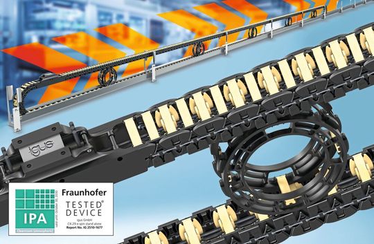 Die C6 Energiekette in Kombination mit dem neuen Obertrumführungsrad ermöglicht eine zuverlässige Energie- und Datenversorgung bei minimaler Partikelemission auf Verfahrwegen bis zu 30 Meter. (Bild:  igus)