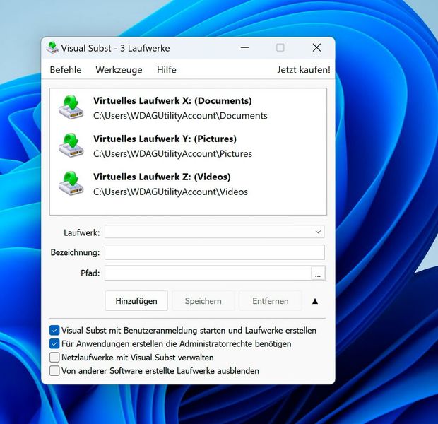 Die virtuellen Laufwerke lassen sich in Visual Subst bequem verwalten. (Bild: Joos – Visual Subst)