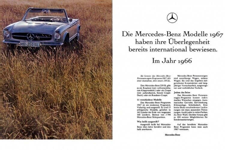 Die erste Modellpflege: Mercedes Benz 250 SL ab 1966 mit modifizierter Bremsanlage, 82-Liter-Tank und 2,5-Liter-Einspritzmotor. (Foto: Mercedes Benz)