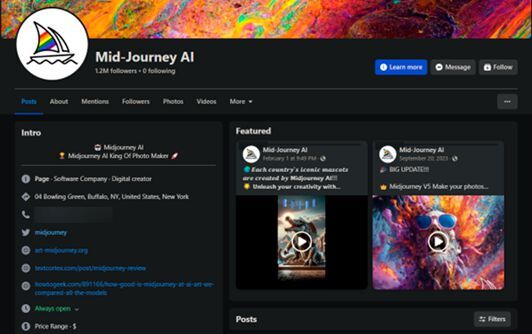 Die Facebook-Seite „Mid-Journey AI“ hatte 1,2 Millionen Follower und war fast ein Jahr aktiv. Seither haben Bedrohungsakteure kontinuierlich weitere betrügerische Seiten eingerichtet.