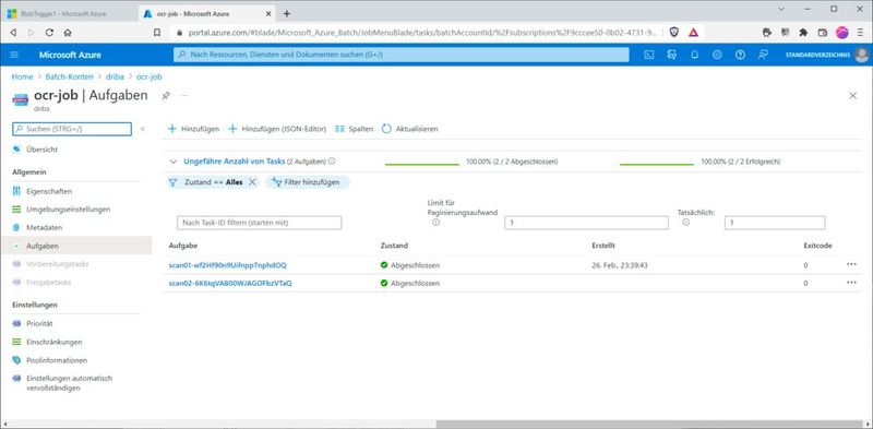Dass der Batch selbst erfolgreich gelaufen ist, zeigt sich dagegen im Batch-Account unter „Aufträge / ocr-job“ … (Bild: Drilling / Microsoft)