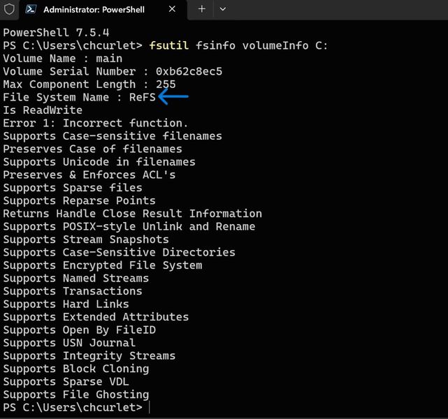 Die Installation von ReFS lässt sich nach der Installation überprüfen. (Bild: Joos - Microsoft)