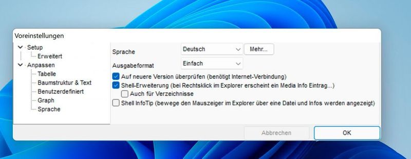 Nach der Installation kann Mediainfo an die eigenen Anforderungen angepasst werden. (Joos/Mediainfo (Screenshot))