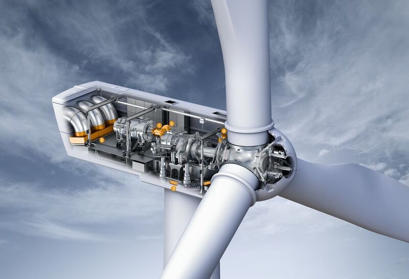 KTR entwickelt ganze Multifunktions-Baugruppen – bestehend aus Kupplung, Überlastschutz, Drehmomentmesstechnik, Bremssysteme und Kühler – speziell für den Einsatz in Windenergieanlagen. 1 = Stahllamellenkupplung; 2 = Rotorbremsen; 3 = Azimutbremsen; 4 = Rotorlock; 5 = Kühlsysteme (KTR)