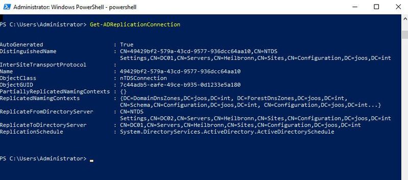 Anzeigen der Replikationsverbindungen in Active Directory mit der PowerShell. (Bild: Joos / Microsoft)