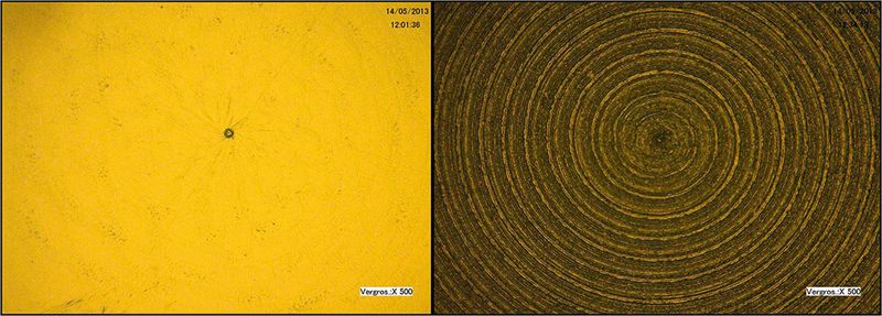 Bild 2: Oberflächenvergleich der Mittelbereiche zweier 590 µm × 430 µm großer Kunststofflinsen, die mit Werkzeugen unterschiedlicher Güte bearbeitet wurden (links ausreichende Werkzeuggüte, rechts geringe Werkzeuggüte). (Bild: Patrick Schäfer)