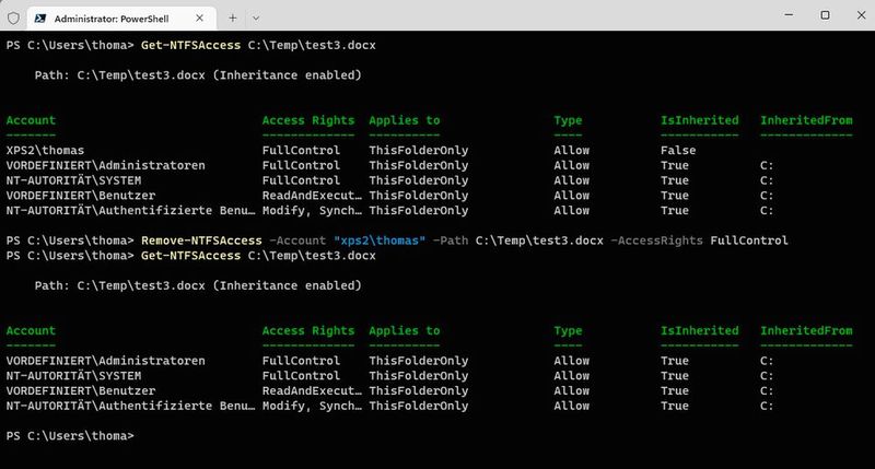 Anpassen und entfernen von Berechtigungen mit Remove-NTFSAccess. (Bild: Joos)