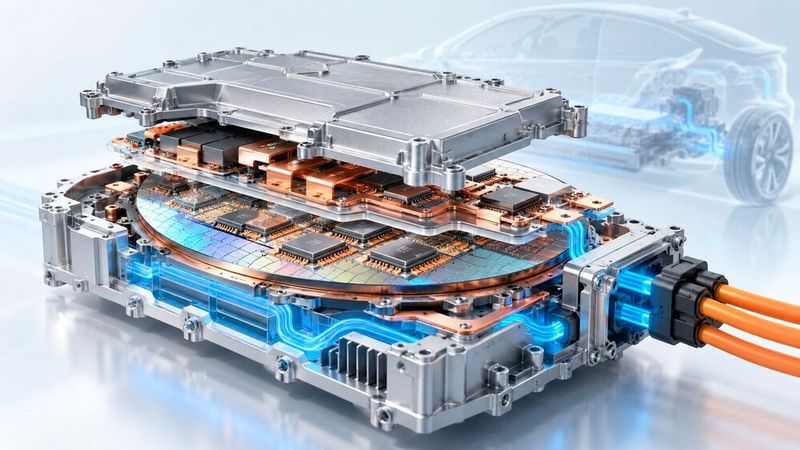 Symbolbild für hochintegrierte Leistungselektronik im Elektrofahrzeug: Onsemis Embedded Power Platform soll mehrere Halbleiterfunktionen in einem kompakten Package zusammenführen und so kleinere, effizientere Traktionsumrichter ermöglichen.(Bild:  Dall-E / KI-generiert)