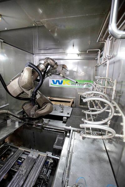 Flexibility is the trump card: a KUKA washing robot in an automated production system. (KUKA)
